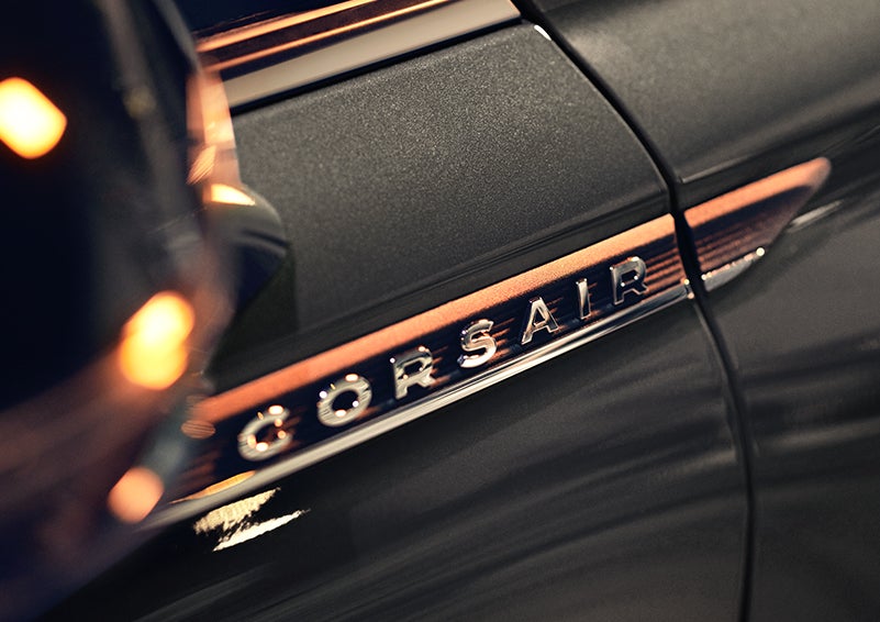 The stylish chrome badge reading “CORSAIR” is shown on the exterior of the vehicle. | Bayway Lincoln in Houston TX