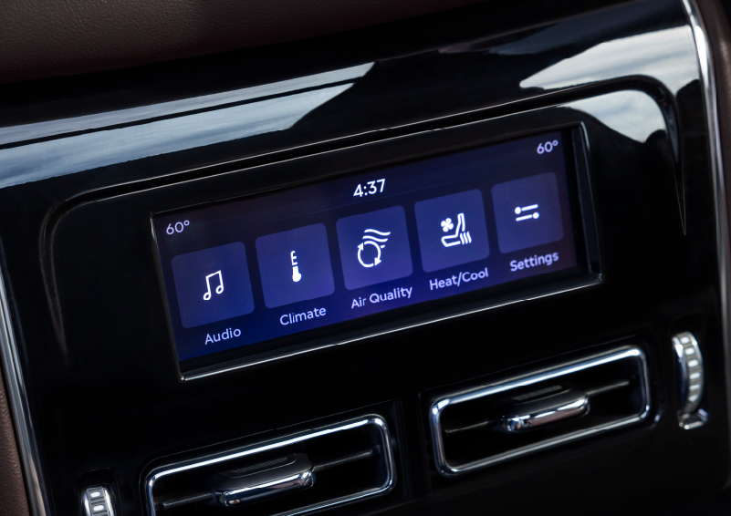 Driver controls like music, temperature, air quality, settings, and heat/cool seats are shown. | Bayway Lincoln in Houston TX