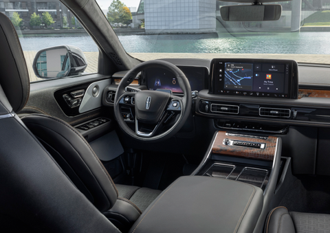 The interior of the 2025 Lincoln Aviator® SUV is shown parked with a view of a harbor through the windshield. | Bayway Lincoln in Houston TX