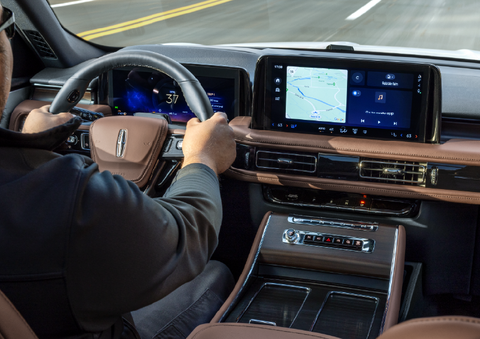 A person is driving a 2025 Lincoln Aviator® SUV from inside the cabin. | Bayway Lincoln in Houston TX